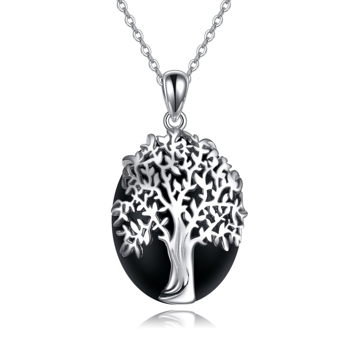 Sterling Silver Oval Tree Of Life Crystal Pendant Necklace-1