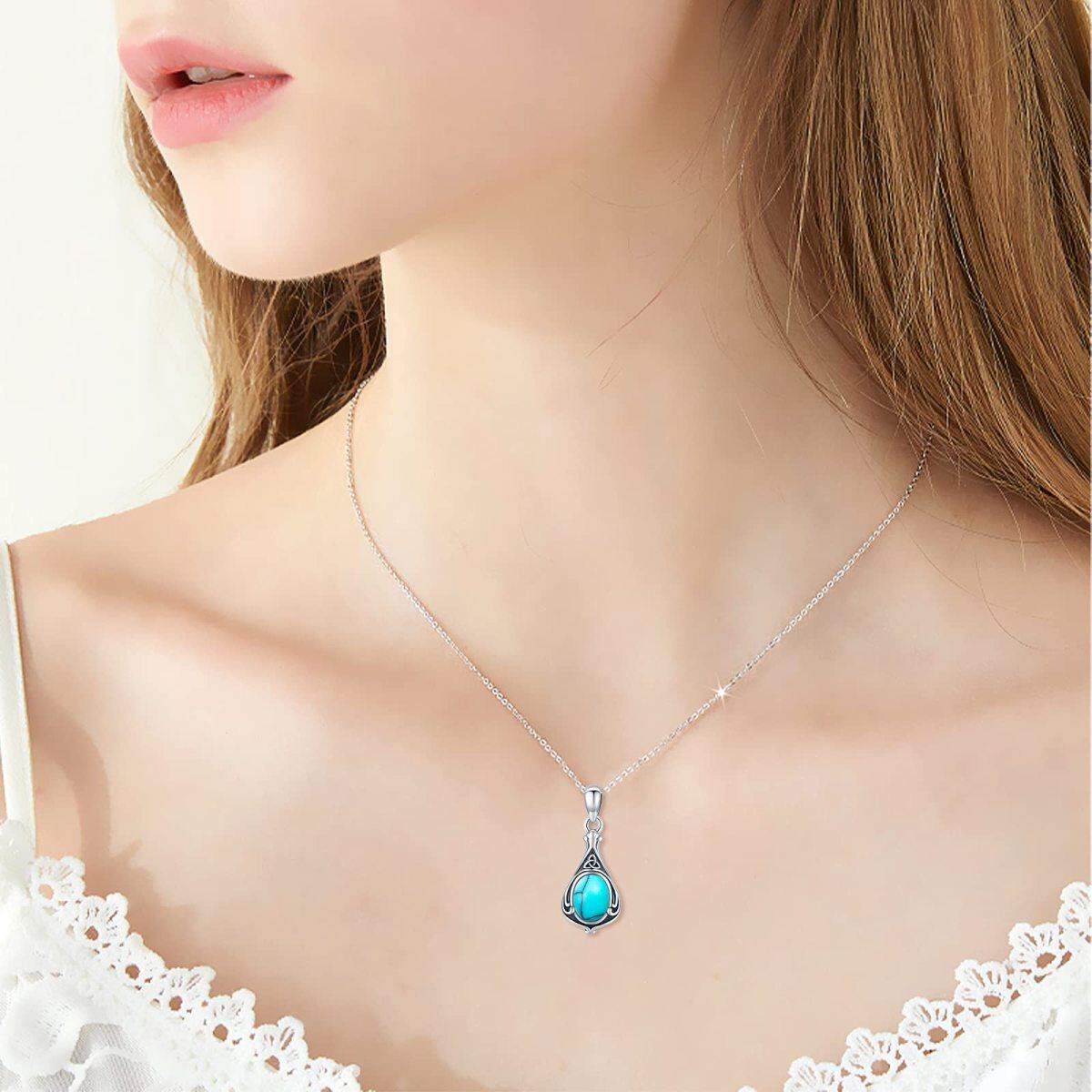 Sterling Silver Oval Turquoise Celtic Knot Drop Shape Cremation Urn Necklace for Ashes-3