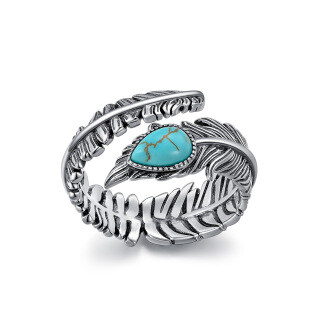 Sterling Silver Oval Turquoise Feather Ring with Engraved Word-27