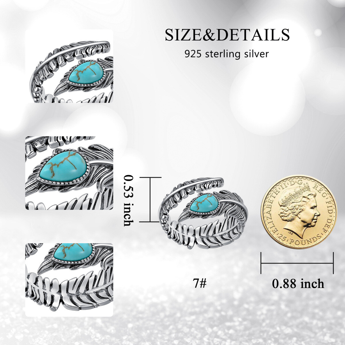 Bague en argent sterling avec plume de turquoise ovale et mot gravé-4