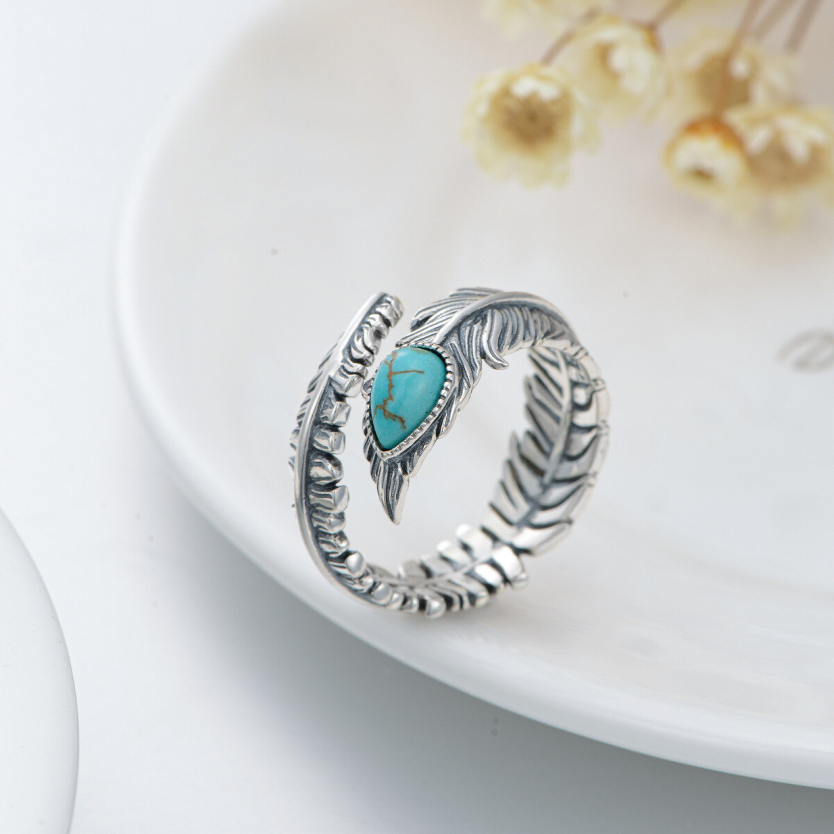 Bague en argent sterling avec plume de turquoise ovale et mot gravé-5