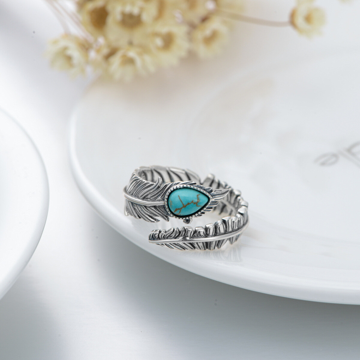 Bague en argent sterling avec plume de turquoise ovale et mot gravé-6