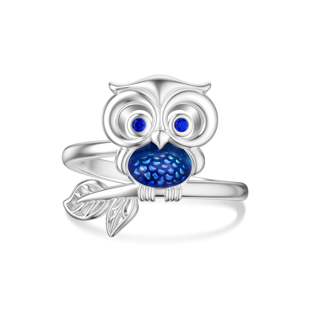 Sterling Silver Round Cubic Zirconia Owl & Leaves Ring-1