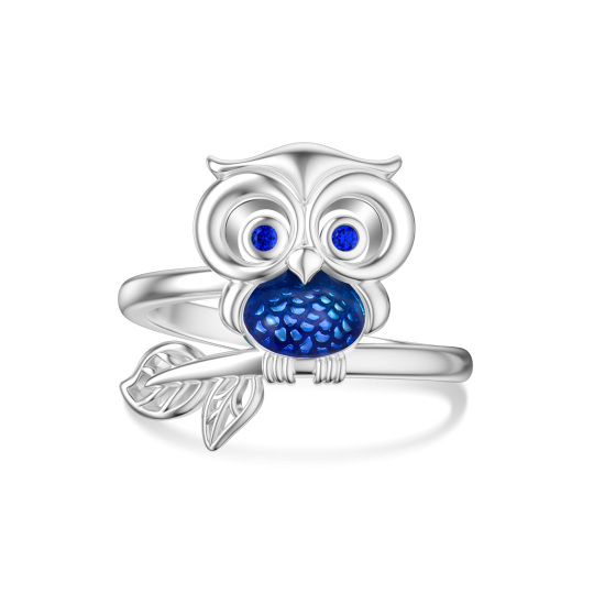 Sterling Silver Round Cubic Zirconia Owl & Leaves Ring