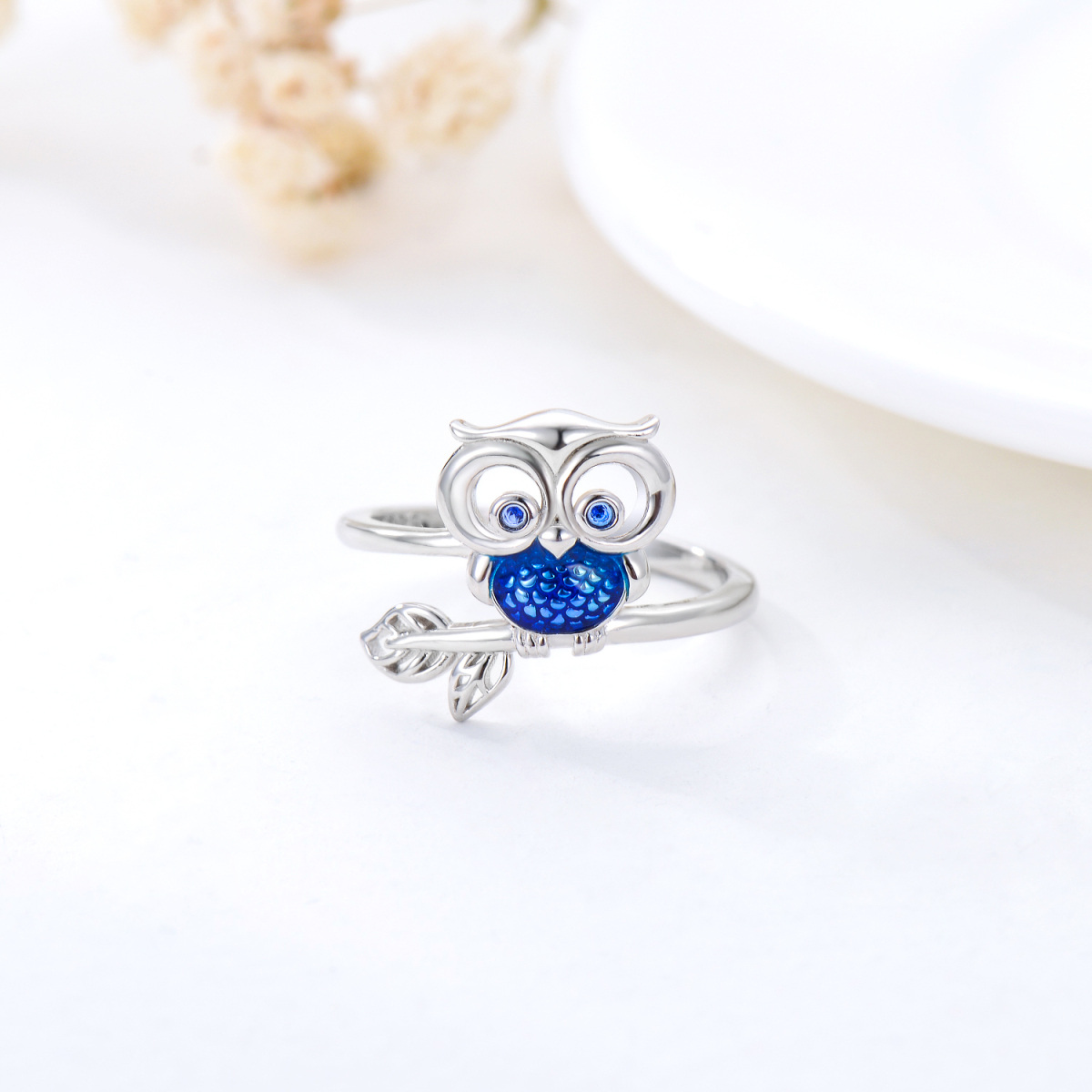 Sterling Silver Round Cubic Zirconia Owl & Leaves Ring-3