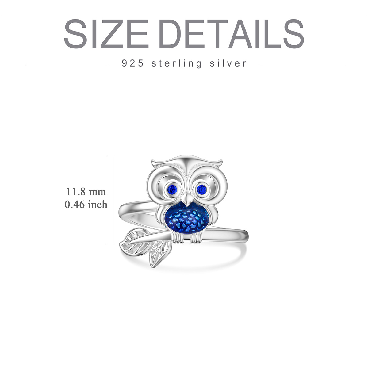 Sterling Silver Round Cubic Zirconia Owl & Leaves Ring-5