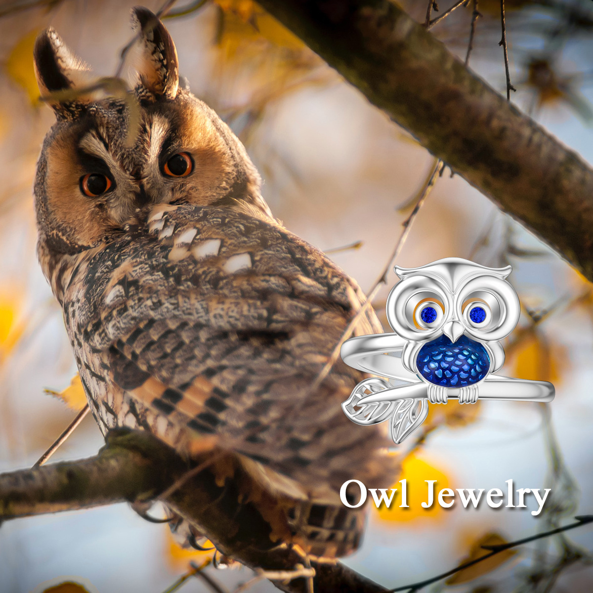 Sterling Silver Round Cubic Zirconia Owl & Leaves Ring-6