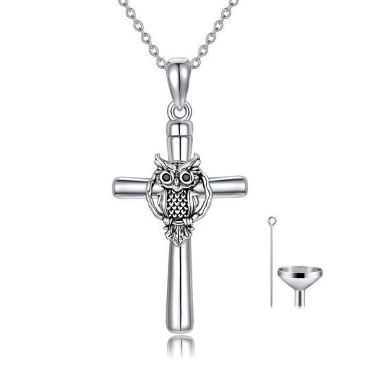 Sterling Silver Owl & Cross Urn Necklace for Ashes