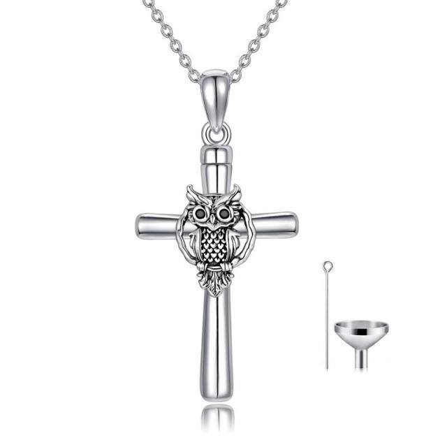 Sterling Silver Owl & Cross Urn Necklace for Ashes-5