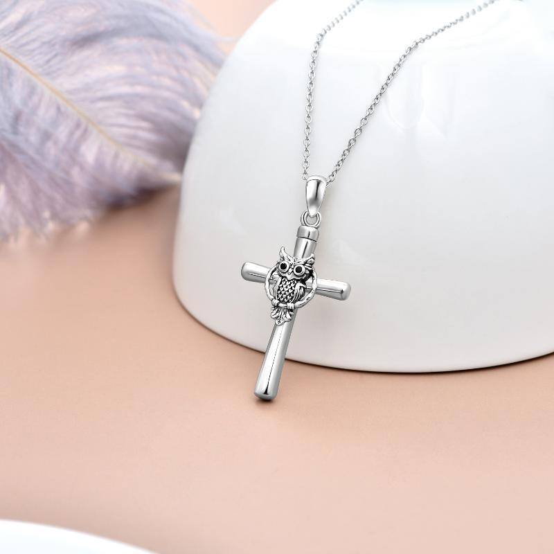 Sterling Silver Owl & Cross Urn Necklace for Ashes-3