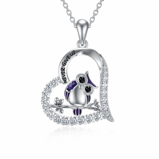 Sterling Silver Cubic Zirconia Owl & Heart Pendant Necklace with Engraved Word-5