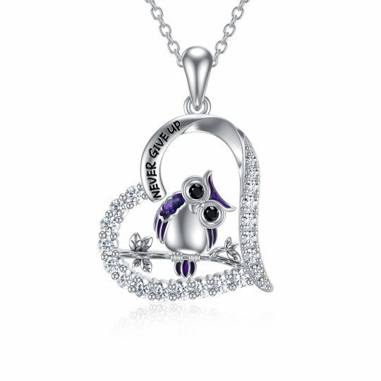 Sterling Silver Cubic Zirconia Owl & Heart Pendant Necklace with Engraved Word