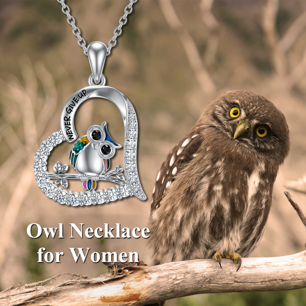 Sterling Silver Cubic Zirconia Owl & Heart Pendant Necklace with Engraved Word-3