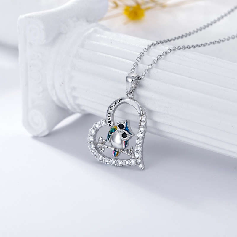 Sterling Silver Cubic Zirconia Owl & Heart Pendant Necklace with Engraved Word-4