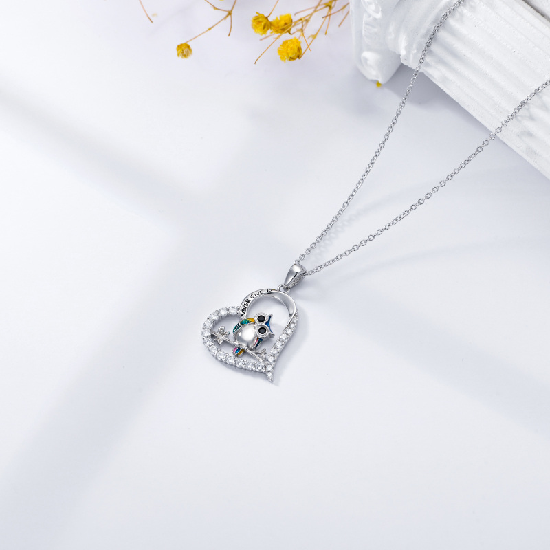Sterling Silver Cubic Zirconia Owl & Heart Pendant Necklace with Engraved Word-5