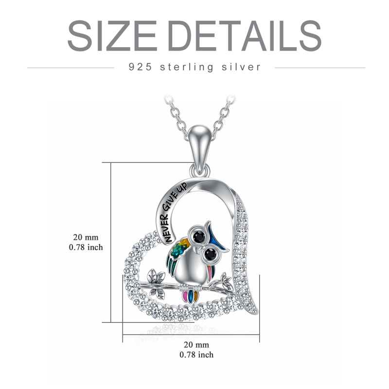 Sterling Silver Cubic Zirconia Owl & Heart Pendant Necklace with Engraved Word-6