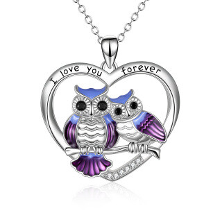 Sterling Silver Owl & Heart Pendant Necklace with Engraved Word-52