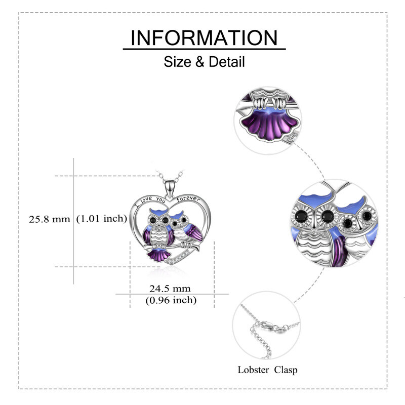 Sterling Silver Owl & Heart Pendant Necklace with Engraved Word-5