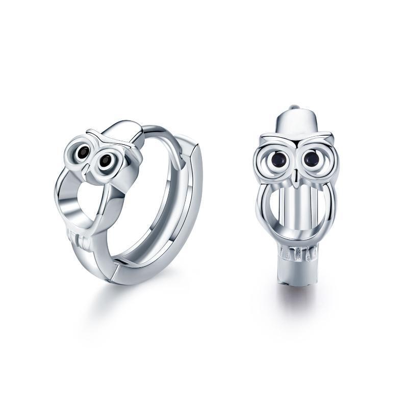 Sterling Silver Owl Hoop Earrings-1