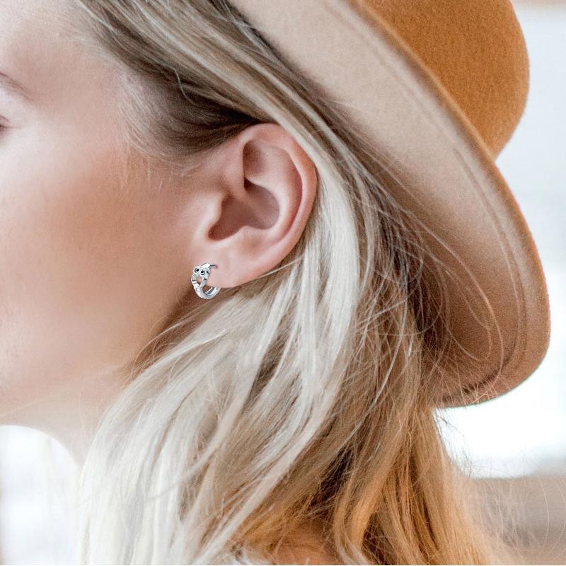 Sterling Silver Owl Hoop Earrings-4