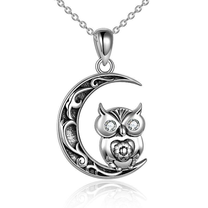 Collana con ciondolo a forma di gufo e luna in argento sterling con zirconia cubica-1