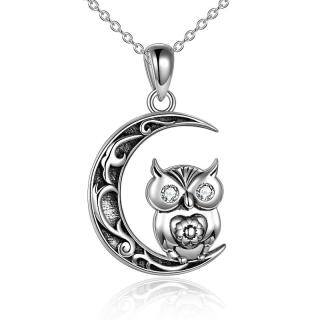 Sterling Silver Cubic Zirconia Owl & Moon Pendant Necklace-4