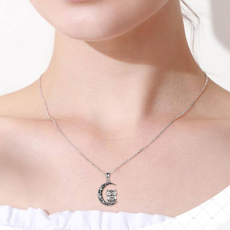 Collana con ciondolo a forma di gufo e luna in argento sterling con zirconia cubica-2