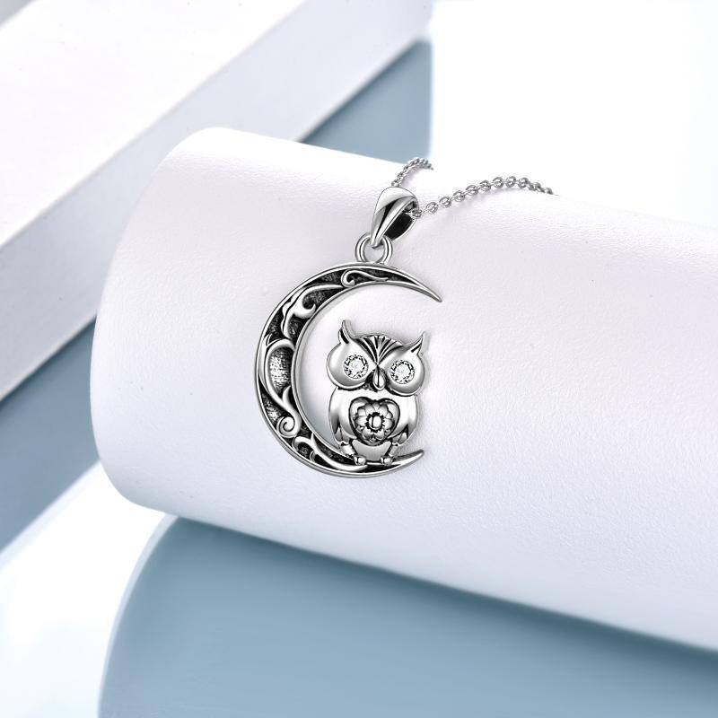 Sterling Silver Cubic Zirconia Owl & Moon Pendant Necklace-3