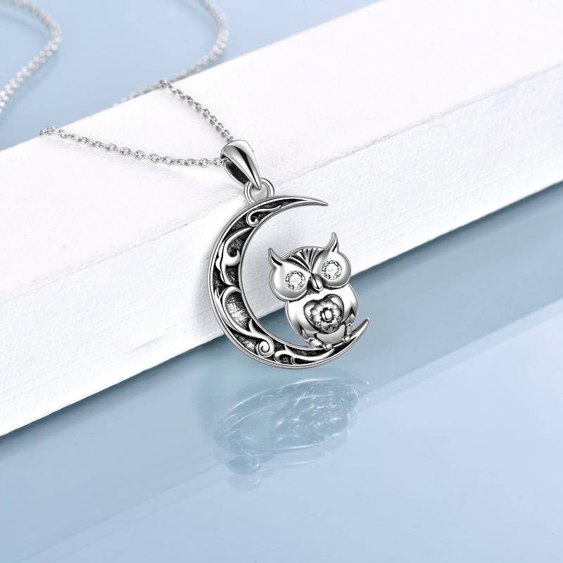 Collana con ciondolo a forma di gufo e luna in argento sterling con zirconia cubica-4