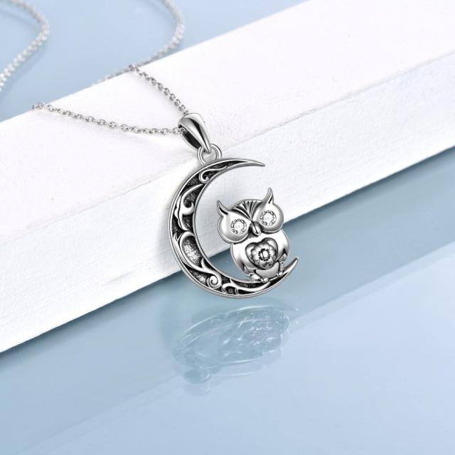 Sterling Silber Cubic Zirkonia Eule & Mond Anhänger Halskette-4