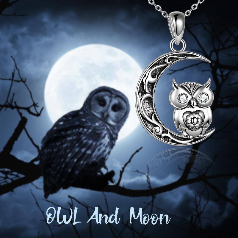 Collana con ciondolo a forma di gufo e luna in argento sterling con zirconia cubica-6