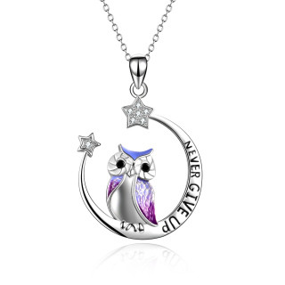 Sterling Silver Cubic Zirconia Owl & Moon Pendant Necklace with Engraved Word-60