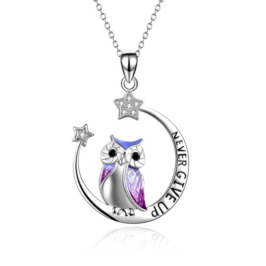 Sterling Silver Cubic Zirconia Owl & Moon Pendant Necklace with Engraved Word