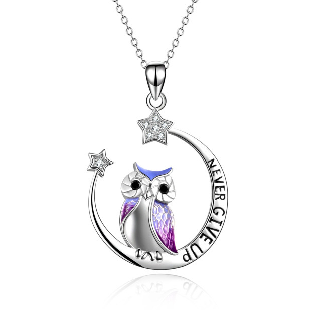 Sterling Silver Cubic Zirconia Owl & Moon Pendant Necklace with Engraved Word-5