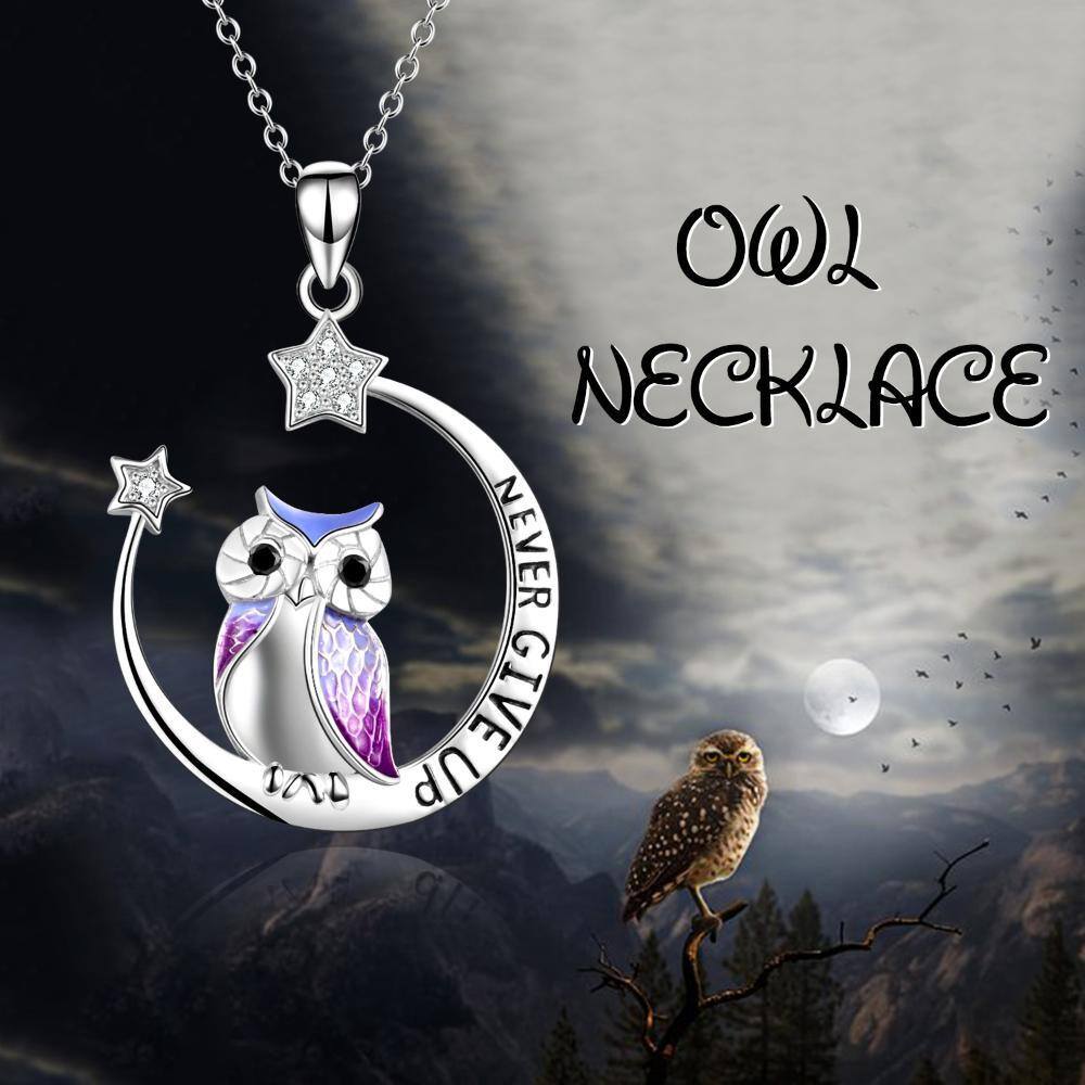 Sterling Silver Cubic Zirconia Owl & Moon Pendant Necklace with Engraved Word-2