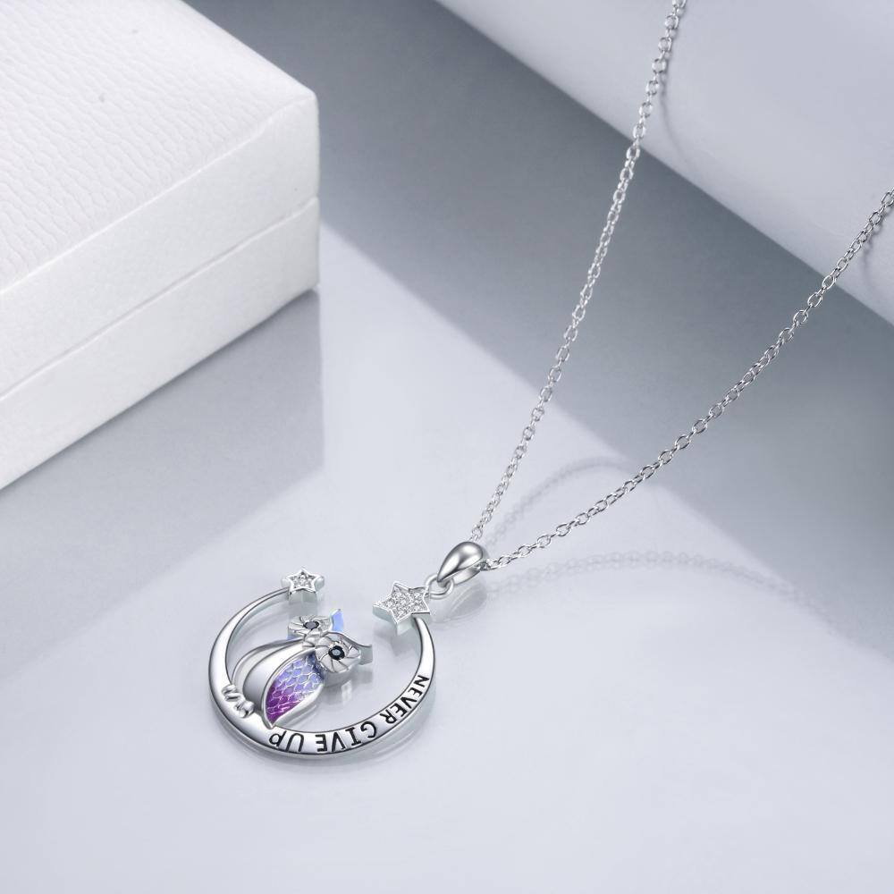 Sterling Silver Cubic Zirconia Owl & Moon Pendant Necklace with Engraved Word-3