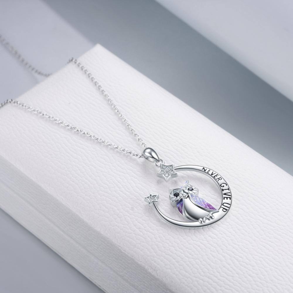 Sterling Silver Cubic Zirconia Owl & Moon Pendant Necklace with Engraved Word-4