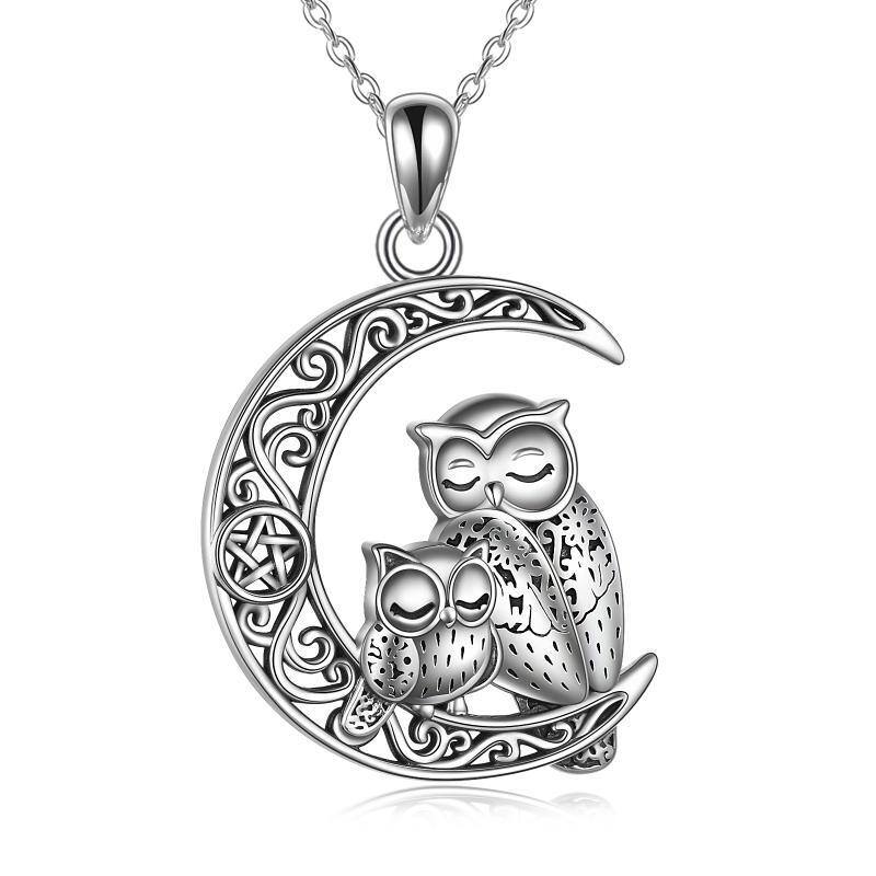 Sterling Silver Owl & Moon With Pentagram Pendant Necklace For Women-1