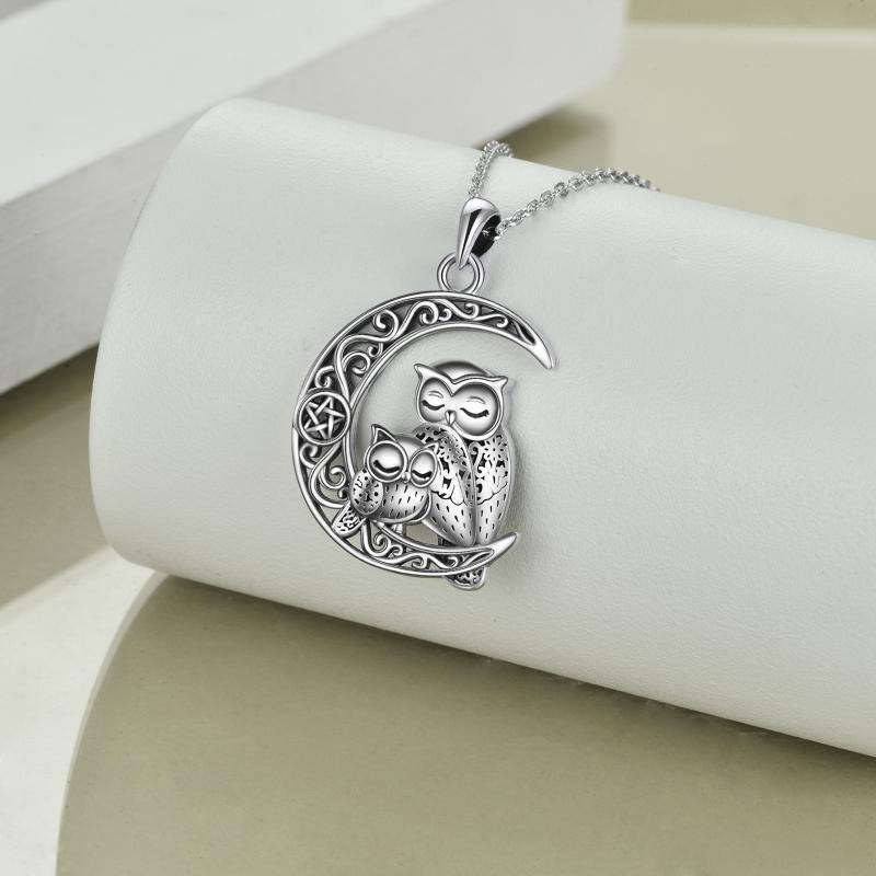 Sterling Silver Owl & Moon With Pentagram Pendant Necklace For Women-3