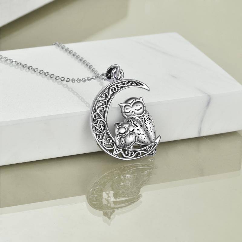 Sterling Silver Owl & Moon With Pentagram Pendant Necklace For Women-4