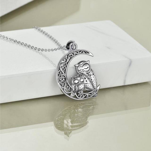 Sterling Silver Owl & Moon & Pentagram Pendant Necklace-4