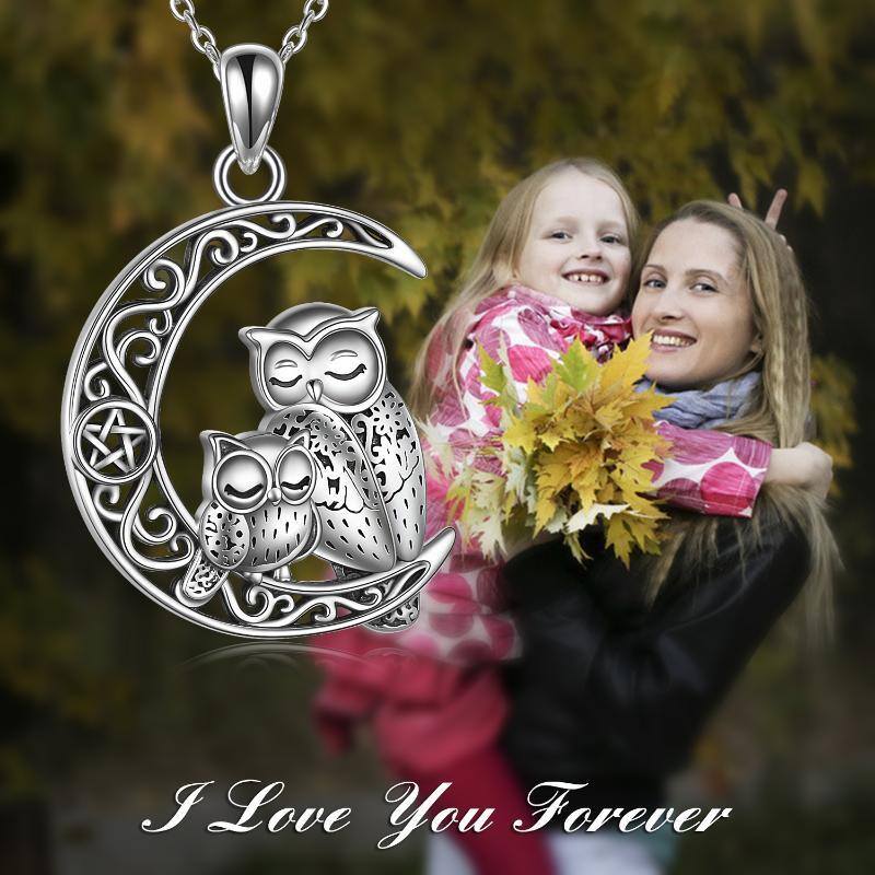 Sterling Silver Owl & Moon With Pentagram Pendant Necklace For Women-6