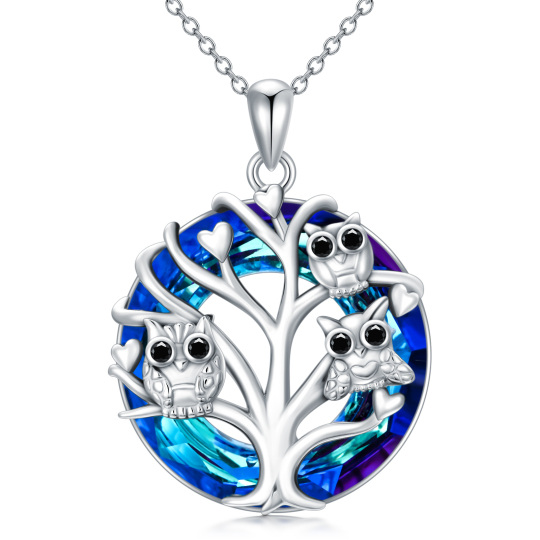 Collar Colgante Búho en Árbol de la Vida de Plata de Ley y Cristal Azul