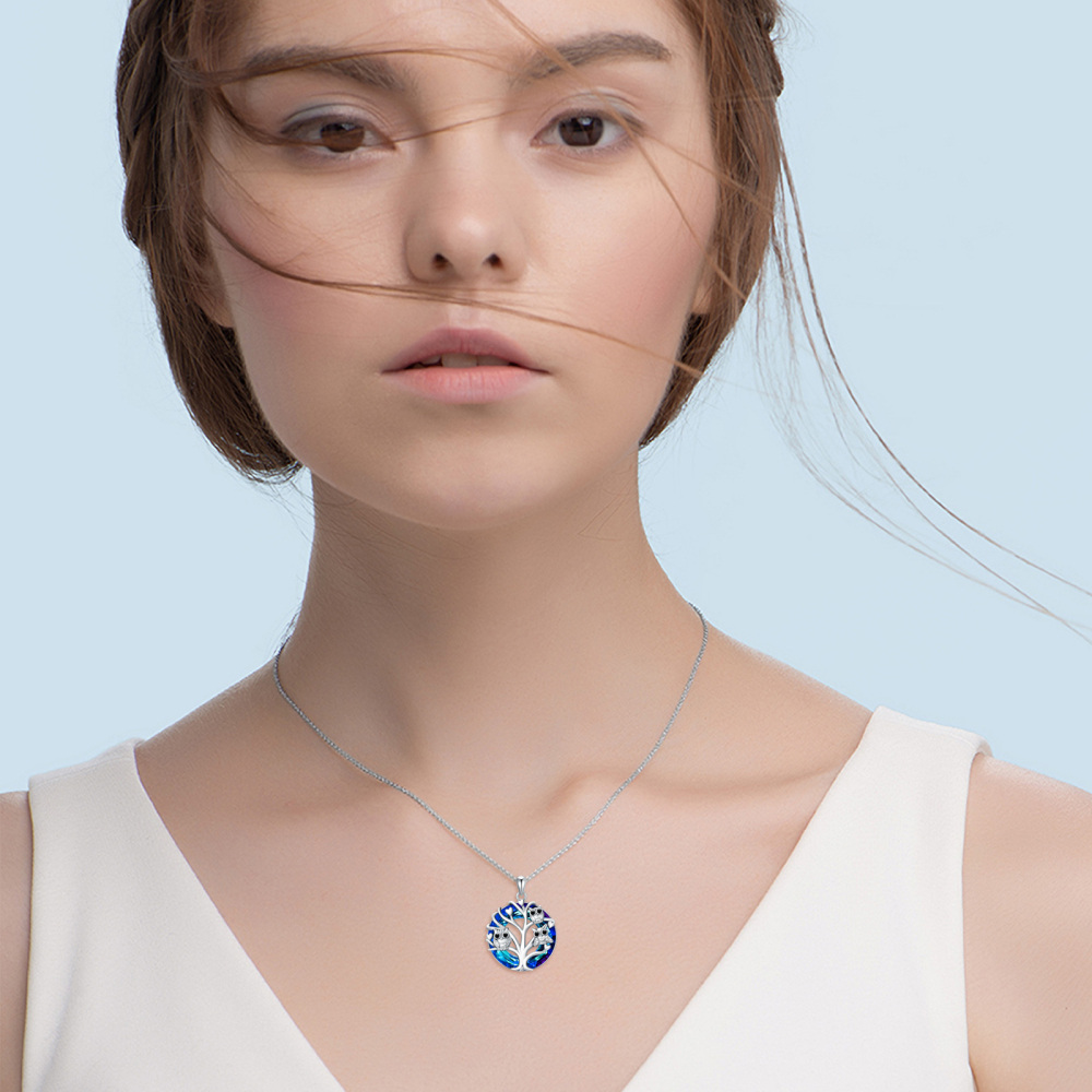 Sterling Silver Owl on Tree Of Life Blue Crystal Pendant Necklace-2