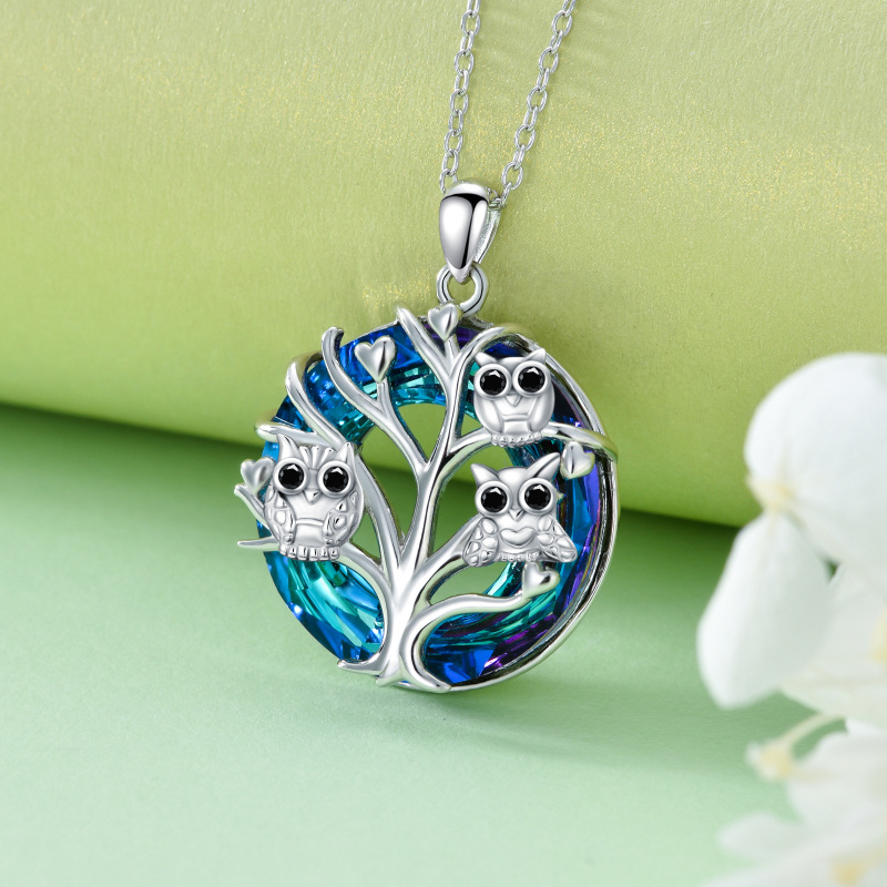 Sterling Silver Owl on Tree Of Life Blue Crystal Pendant Necklace-3