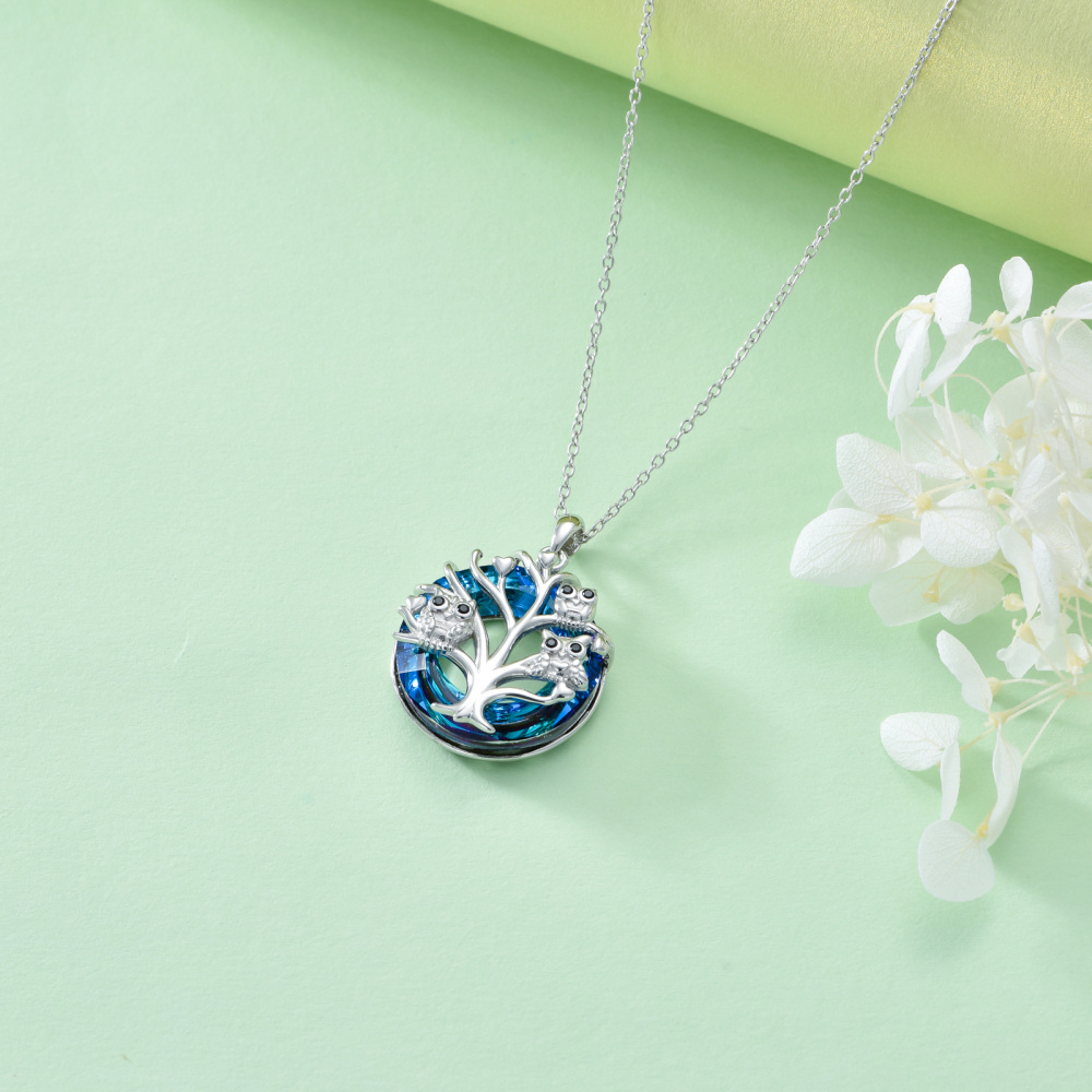 Sterling Silver Owl on Tree Of Life Blue Crystal Pendant Necklace-4
