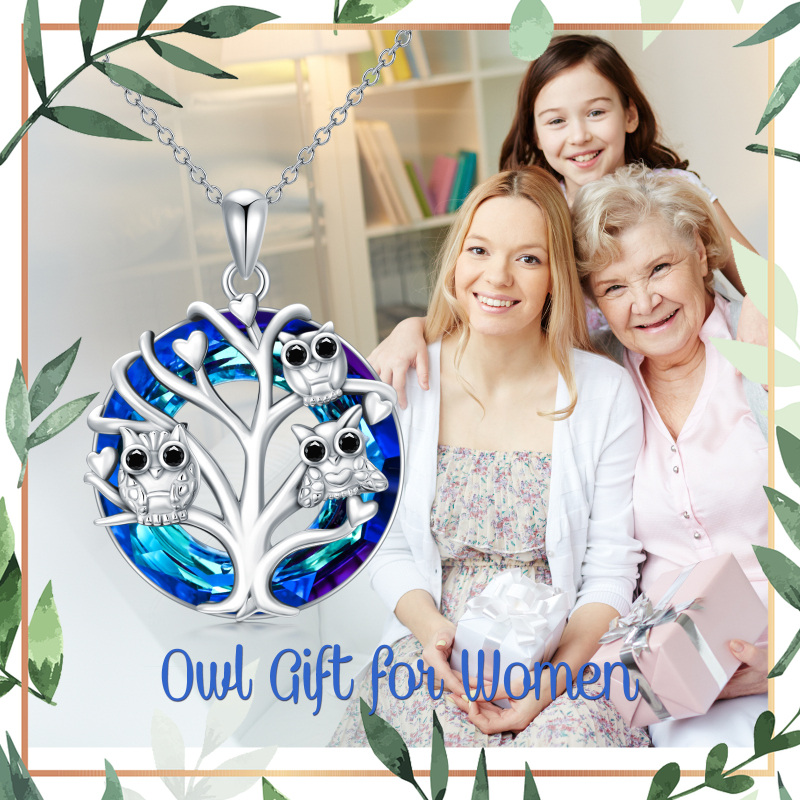Sterling Silver Owl on Tree Of Life Blue Crystal Pendant Necklace-5