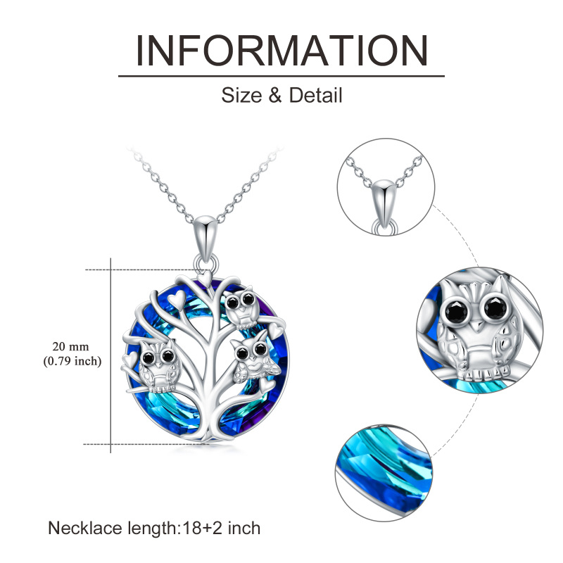 Sterling Silver Owl on Tree Of Life Blue Crystal Pendant Necklace-6