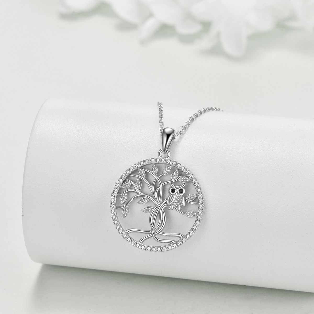 Halskette mit Anhänger Eule aus Sterlingsilber mit Lebensbaum-2