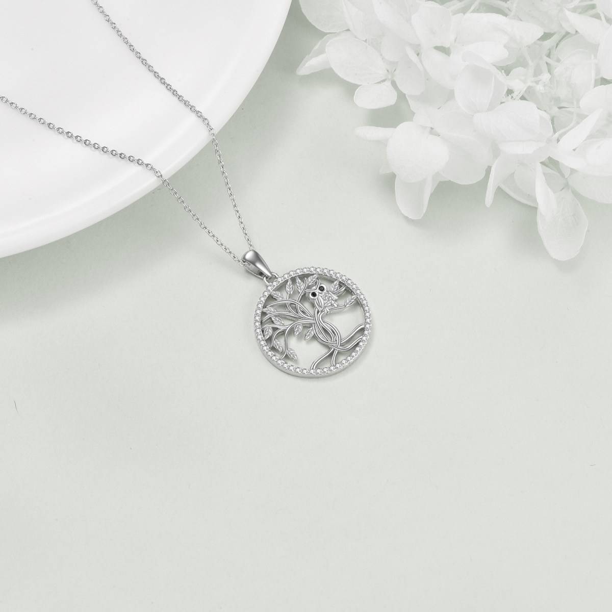 Halskette mit Anhänger Eule aus Sterlingsilber mit Lebensbaum-3